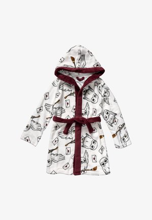 White hooded robe with maroon trim and belt, decorated with flying owls, envelopes with red seals, and broomsticks pattern.