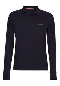 Marineblaue Langarm-Polohemden aus Baumwolle mit Kragen, einer Knopfleiste mit drei Knöpfen und einem kleinen gestickten Logo auf der Brust.