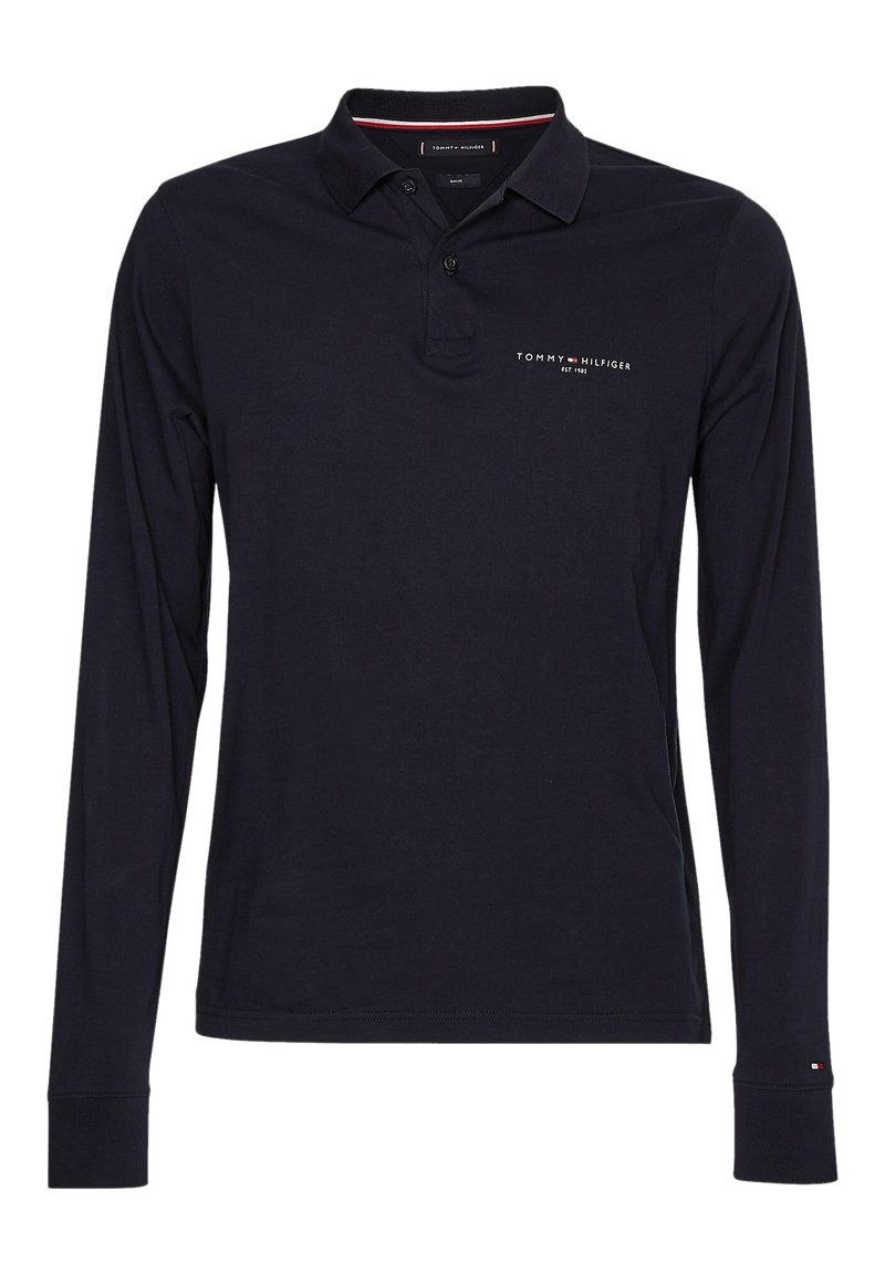 Marineblaue Langarm-Polohemden aus Baumwolle mit Kragen, einer Knopfleiste mit drei Knöpfen und einem kleinen gestickten Logo auf der Brust.