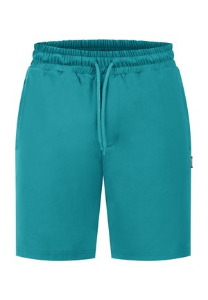 Pantaloni corti turchesi realizzati in tessuto morbido, con vita elasticizzata e cordoncino e tasche laterali, progettati per comfort e libertà di movimento.