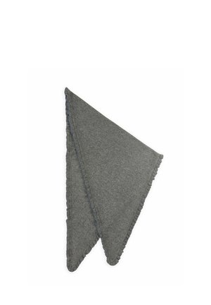 Écharpe triangulaire en laine grise douce avec des bords finement festonnés, posée à plat sur un fond blanc.