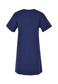 Marineblaue T-Shirt-Kleid mit kurzen Ärmeln aus weichem Baumwollstoff, runder Ausschnitt und geradem Schnitt, mit einem Saum, der über dem Knie endet.