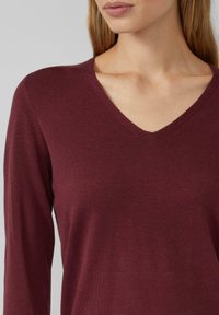 Bordeaux V-hals trui met lange mouwen, gebreide structuur en een strakke pasvorm. Minimale details met een gladde afwerking.