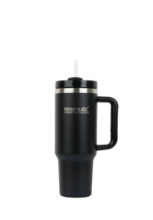Black insulated travel mug with handle, clear straw, silver rim, and "Regatta Great Outdoors" branding on the front.