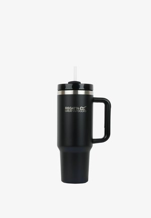 Black insulated travel mug with handle, clear straw, silver rim, and "Regatta Great Outdoors" branding on the front.