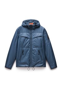 Blue padded jacket with a hood, featuring zippered pockets, drawstrings at the hem, and a logo patch on the left sleeve. Smooth texture.