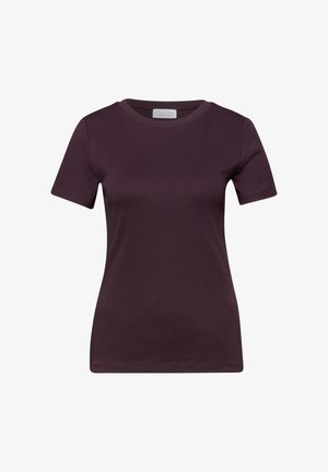 Tummanvioletti, lyhythihainen istuva T-paita pyöreällä pääntiellä, yksinkertainen muotoilu ja näkyvä kauluksen etiketti.