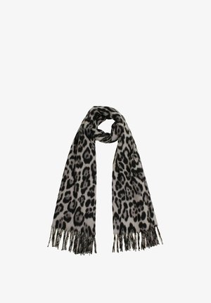 Lange grau und schwarz gepunktete Schal mit Fransenenden, locker in der Mitte geschlungen.