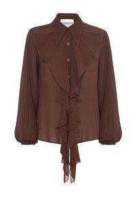 Blusa marrone a maniche lunghe realizzata in tessuto leggero, con un davanti arricciato, chiusura con bottoni e un classico colletto a punta.