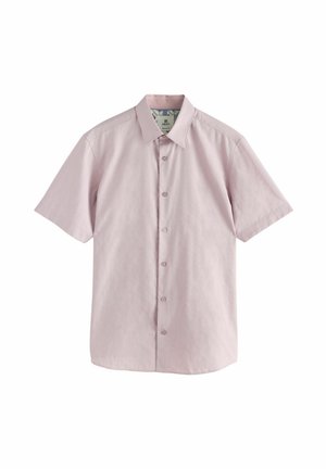 Light pink short-sleeve shirt with a collar, featuring a button-front closure and a smooth, textured fabric. Minimalist design, no patterns.