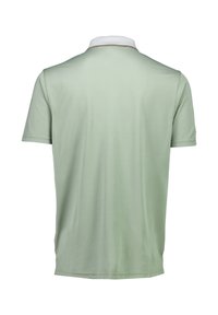 Myntgrön pikétröja, kort ärm, vit ribbad krage, slät textur, subtil kontrasterande sömmar, rak fåll.