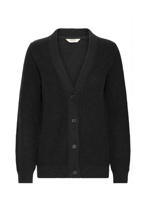 Black knitted cardigan with a V-neck, long sleeves, ribbed texture, and five button closure along the front.