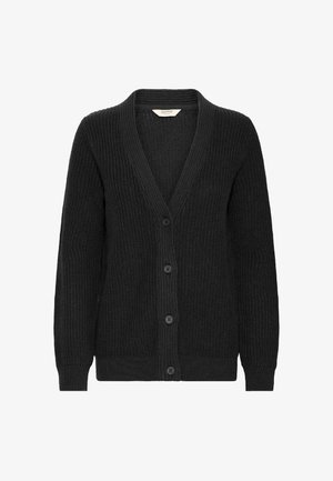 Juodas megztinis su V formos iškirpte, ilgomis rankovėmis, banguota tekstūra ir penkiais mygtukais priekyje.