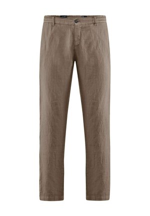 Pantaloni in lino marroni con una vestibilità a gamba dritta, dotati di chiusura con bottone, passanti per la cintura e una texture minimale in uno stile casual.