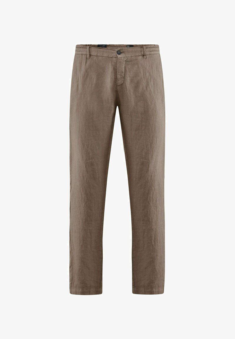 Pantaloni in lino marroni con una vestibilità a gamba dritta, dotati di chiusura con bottone, passanti per la cintura e una texture minimale in uno stile casual.