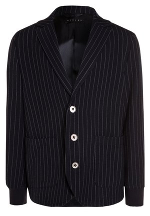 Marineblazer med hvide nålestriber, hakket revers, tre knapper, to forlommer, ribstrikkede manchetter og en glat indvendig foer.