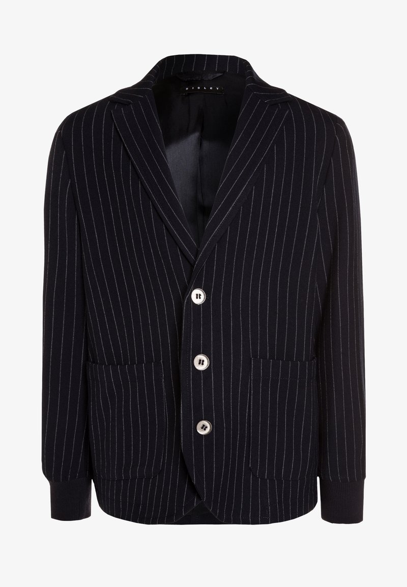 Blazer azul marino con finas rayas blancas, solapa con muesca, tres botones, dos bolsillos delanteros, puños acanalados y un forro interior liso.