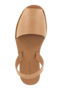 Sandale en cuir beige avec une large bride au niveau des orteils et une fine bride à la cheville. Texture lisse et design minimaliste. Taille 38 indiquée sur la semelle.