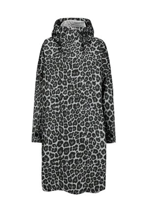 Langarmige hooded anorak met zwart en grijs luipaardpatroon, voorzak en trekkoord op de capuchon, ontworpen voor bescherming tegen regen.