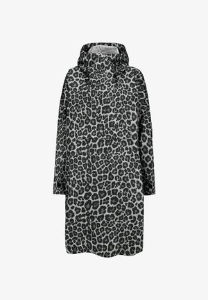 Anorak à capuche à manches longues avec imprimé léopard noir et gris, poche avant et cordon de serrage sur la capuche, conçu pour la protection contre la pluie.