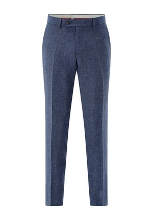 Blue textured men's formal trousers with belt loops, front button, and creased legs.