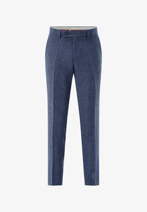 Blue textured men's formal trousers with belt loops, front button, and creased legs.