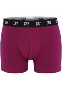 Calzoncillos tipo boxer burdeos fabricados en algodón suave. Presentan una cinturilla negra con el logotipo "CR7". Ajuste estándar sin patrones o texturas visibles.