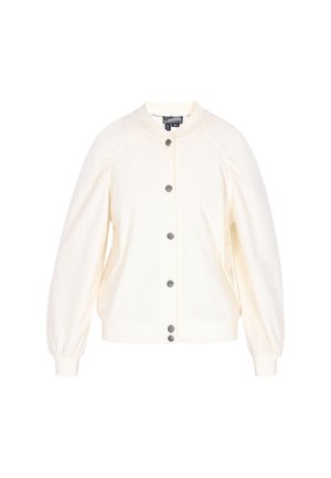 White, soft fabric jacket with a round neckline, button closure, and puffed long sleeves. Features a ribbed hem and cuffs.