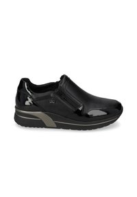 Sneaker nera senza lacci con cerniera laterale, accenti lucidi e suola spessa grigia e nera, mostrata in profilo destro su sfondo bianco.
