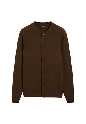 Brown wool button-up cardigan with ribbed collar, cuffs, and hem, featuring six black buttons down the front.