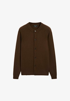Brown wool button-up cardigan with ribbed collar, cuffs, and hem, featuring six black buttons down the front.