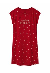 Czerwona sukienka z krótkim rękawem o luźnym kroju, z metalicznymi wzorami płatków śniegu w kolorze srebrnym i złotym oraz napisem "To pora na radość".
