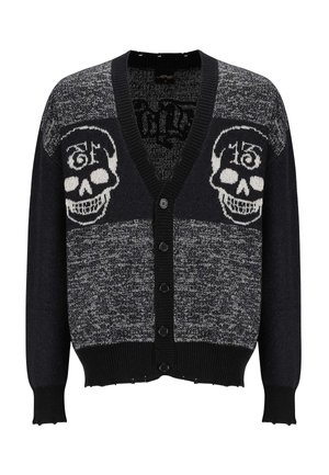 Schwarze und graue gestrickte Strickjacke mit V-Ausschnitt, mit Totenkopf-Designs, fünf Knöpfen und gerippten Bündchen und Saum. Weicher Textur über die gesamte Oberfläche.
