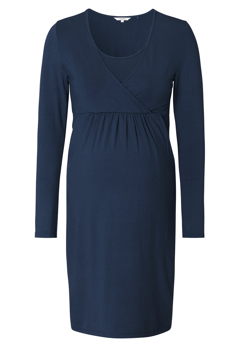Granatowa sukienka ciążowa z miękkiego materiału, z dekoltem kopertowym, długimi rękawami i marszczonym wykończeniem w talii.