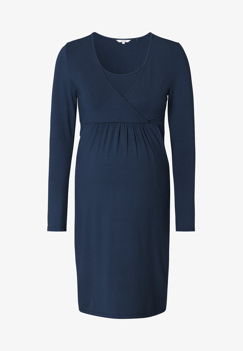 Granatowa sukienka ciążowa z miękkiego materiału, z dekoltem kopertowym, długimi rękawami i marszczonym wykończeniem w talii.