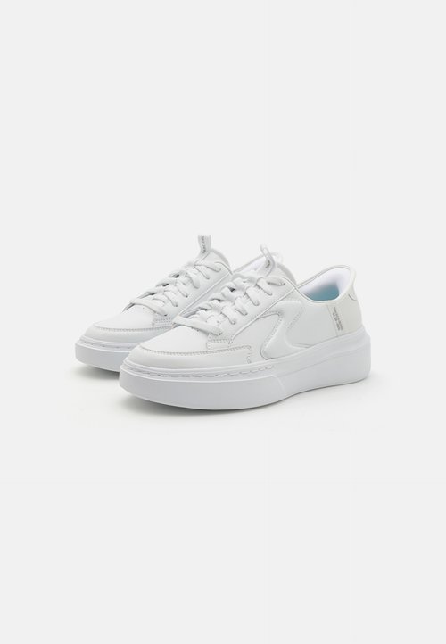 White leather sneakers with a thick white sole, lace-up design, rounded toe, and a subtle stitched pattern along the edges.