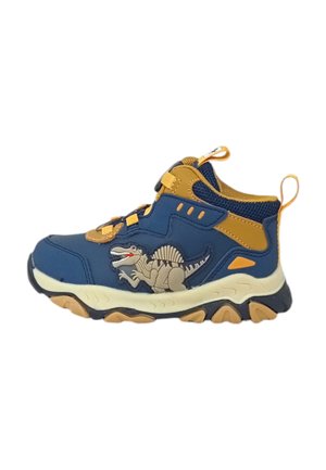 Sneaker alta per bambini blu e gialla con design di spinosauro, tessuto testurizzato e colletto imbottito. Suola in gomma spessa con trazione.