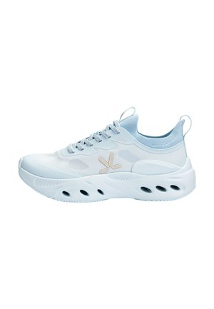 Light blue sports shoe with knit ankle collar, vented thick sole, and side logo, designed for comfort and athletic use.
