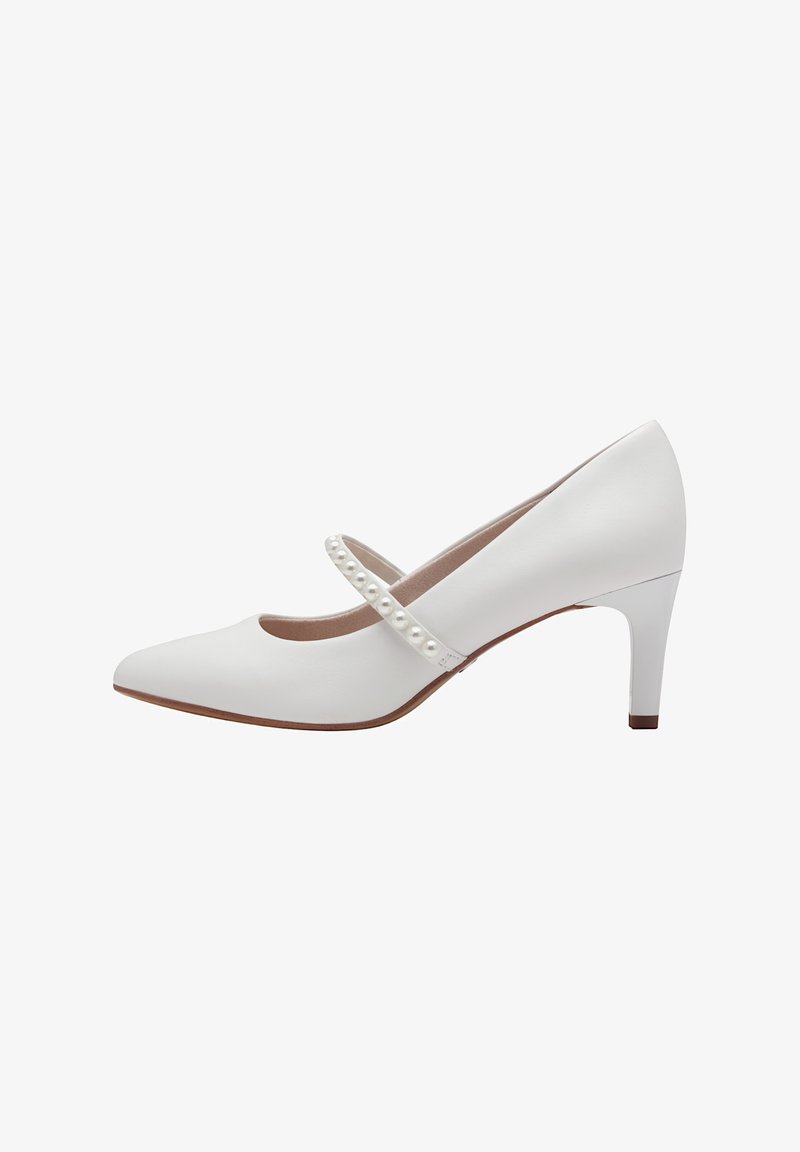 White leather high-heeled shoe with a pointed toe, adjustable pearl-embellished strap, and a slim, tapered heel. Smooth texture.