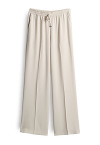 Beige wide-leg pants with a soft, smooth texture, featuring an elastic waistband with a drawstring and side pockets.
