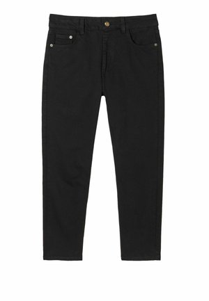 Black cotton pants with a straight cut, two front pockets, and a single back pocket. Features gold-tone button and rivets.
