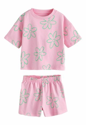 Pink short-sleeve shirt and shorts set with light green simple daisy flower prints, elastic waistband on shorts, casual soft fabric.