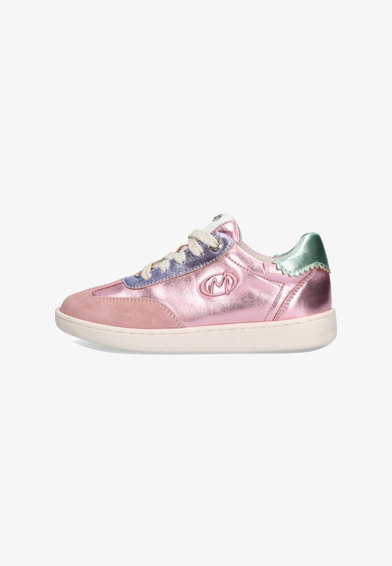 Pink and metallic sneakers featuring a suede toe, shiny side panels, contrasting purple accents, and a green textured heel cap.