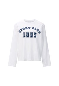 Biela dlhá mikina s dlhým rukávom vyrobená z bavlny. Na hrudi sa nachádza modrá grafika s nápisom "SPORT CLUB 1995" v tučnom písme. Klasický okrúhly výstrih.