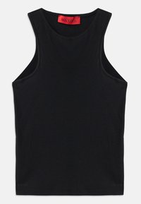 Black sleeveless top made from soft cotton. Features a round neckline and standard hem. Simple design, no visible patterns or accents.