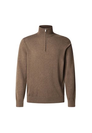 Pull en tricot marron avec un col haut et une fermeture éclair mi-hauteur. Il présente des manches longues et une finition texturée. Aucun motif ou accent visible.