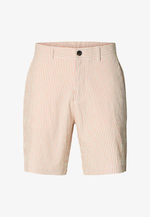 Lahki kratke hlače z roza in belimi navpičnimi črtami, opremljene z zapiranjem na gumb, stranskimi žepi in rahlo teksturirano tkanino.