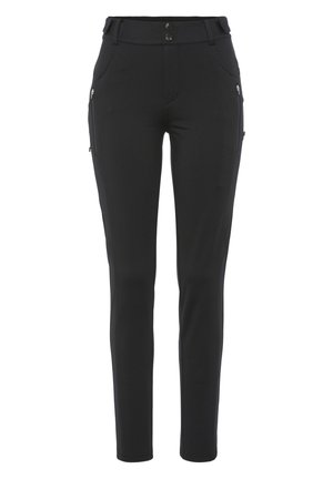 Schwarze, eng anliegende Hosen aus glattem Stoff. Verfügt über zwei seitliche Reißverschlusstaschen und einen doppelknopfigen Bund.