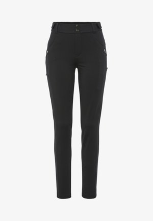 Pantalons noirs ajustés en tissu lisse. Dotés de deux poches latérales zippées et d'une taille à double bouton.