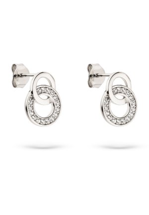 Silberohrstecker mit verschlungenen kreisförmigen Designs, einer davon mit funkelnden Strasssteinen verziert, polierte Oberfläche, Steckverschluss.